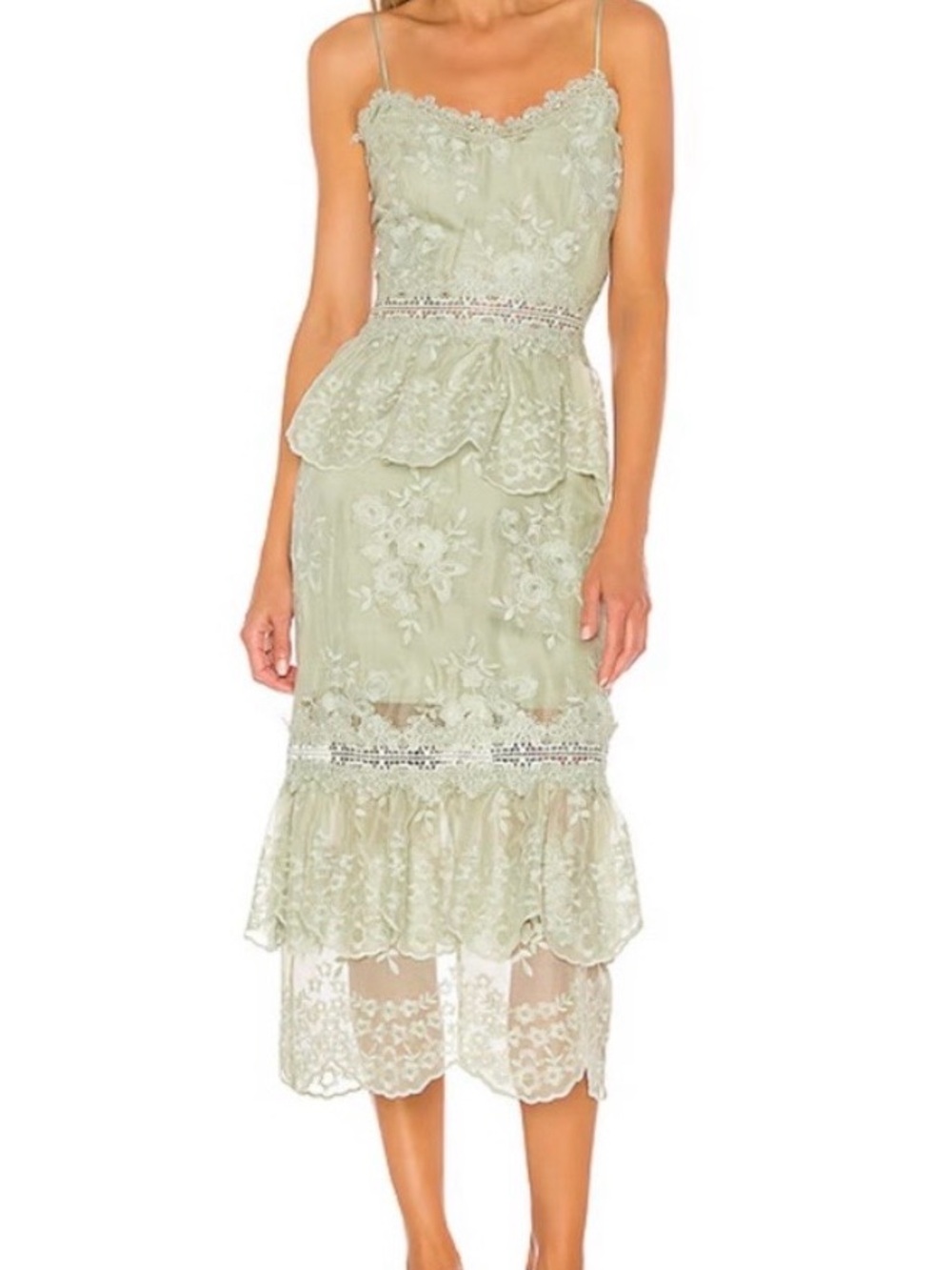 V. Chapman Dahlia Sage Green Lace Tiered Midi Dress